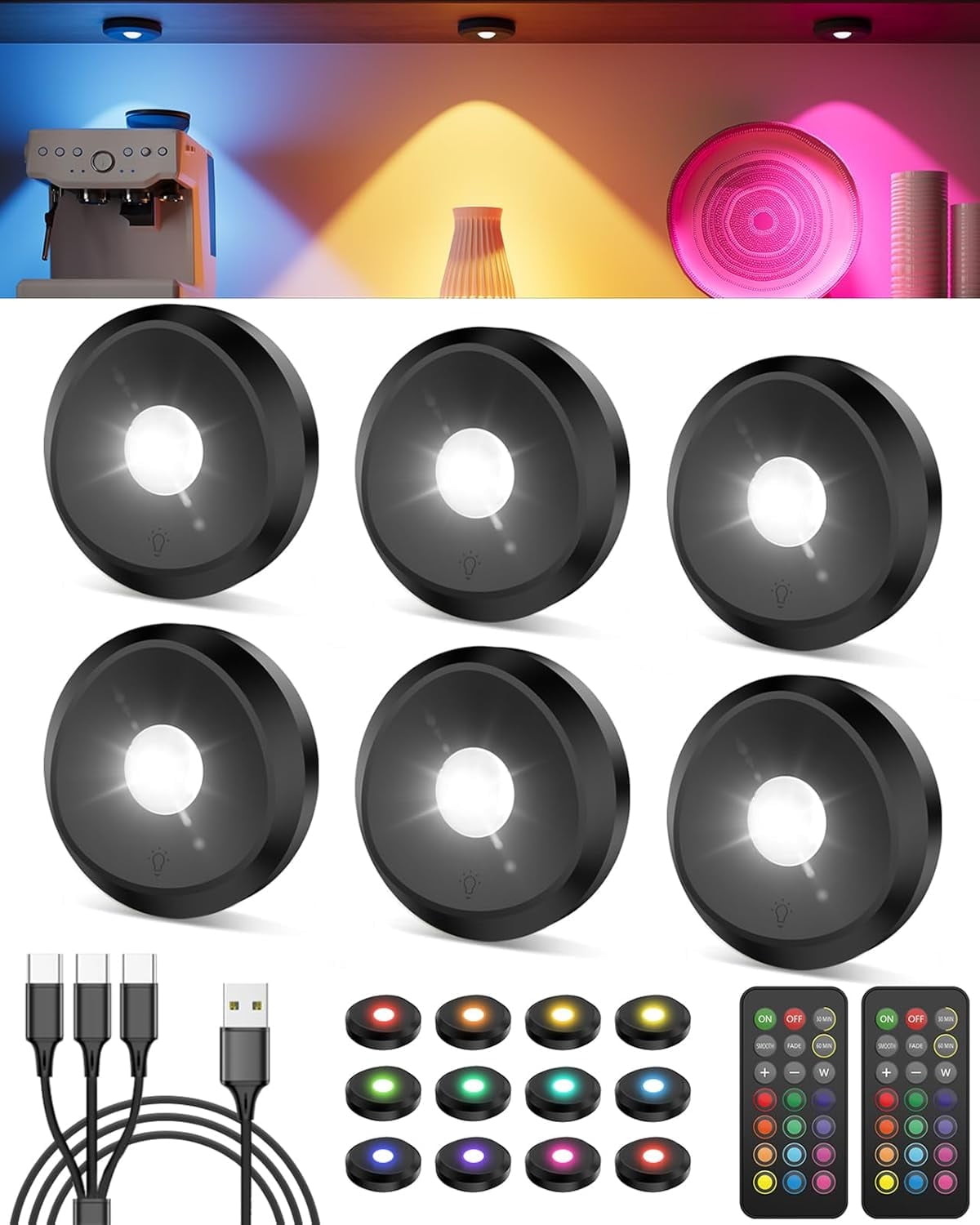 Tedmos Black Rechargeable Puck Lights with Remote, 2400mAh RGB Color ...
