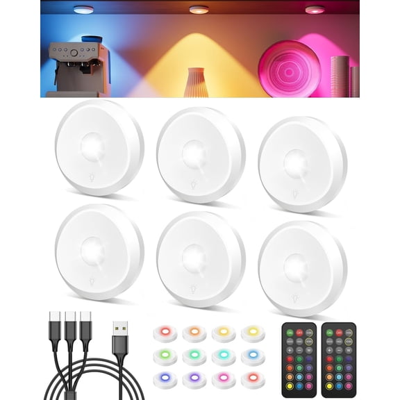 Tedmos White Rechargeable Puck Lights with Remote, Battery Powered RGB Color Changing LED Under Cabinet Lighting, Wireless Magnetic Push Tap Touch Light For Shower Bathroom Kitchen Book Shelf Closet