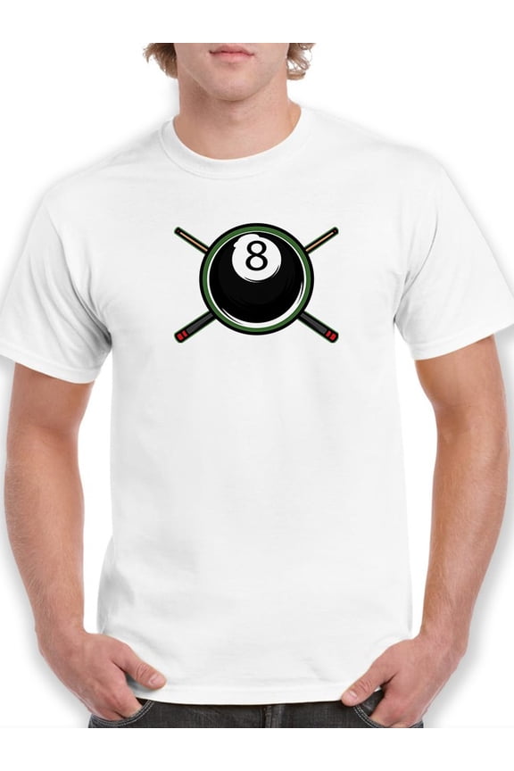 Mens Graphic Tee - Pool 8-ball & Crossed Cue Sticks - Regular Fit 100% Cotton