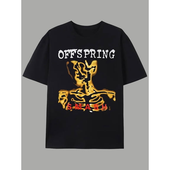 Tee - Casual Black Cotton Crew Neck Short Sleeve Shirt with Golden Skull Print, "OFFSPRING" & "S.W.A.R.T" Text, Summer Fashion for Mature Style, Casual Attire|Skull Print Shirt|Lightweight Fabric