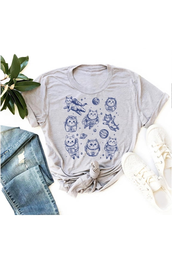 Astronaut Cat T-Shirt Retro Space Explorer Animal Lover Graphic Tee, Full Size S-5XL