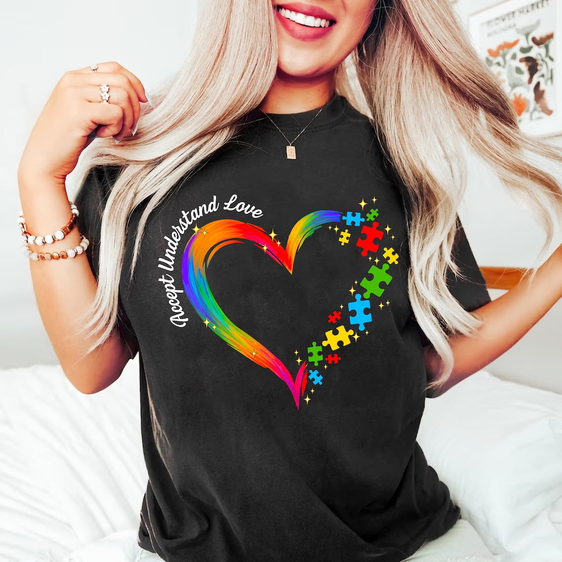 Tee Clo Autism Awareness T-Shirt Accept Understand Love Puzzle Heart Graphic Tee, Full Size S-5XL