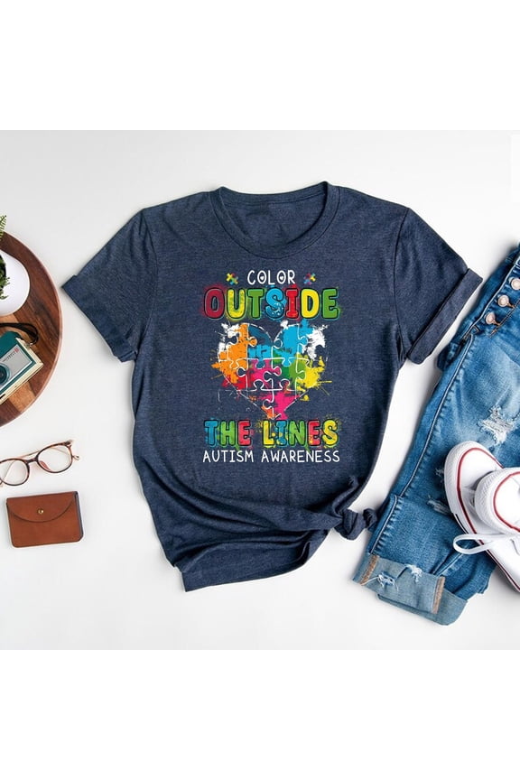 Autism Awareness T-Shirt Color Outside The Lines Support Education Tee, Full Size S-5XL