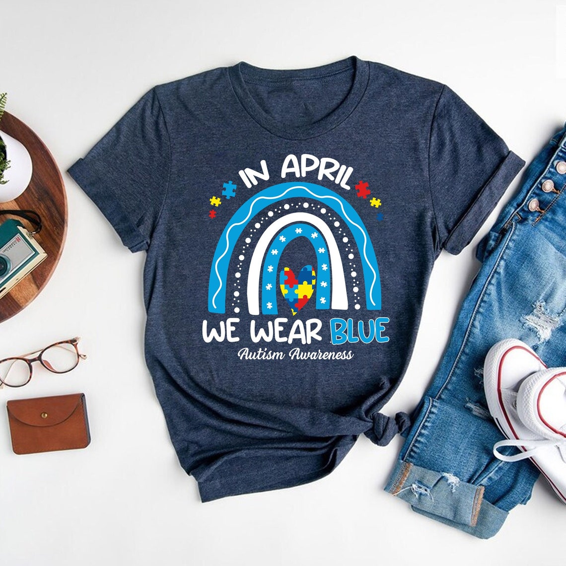 Tee Clo Autism Awareness T-Shirt In April We Wear Blue Rainbow Puzzle Heart Tee, Full Size S-5XL