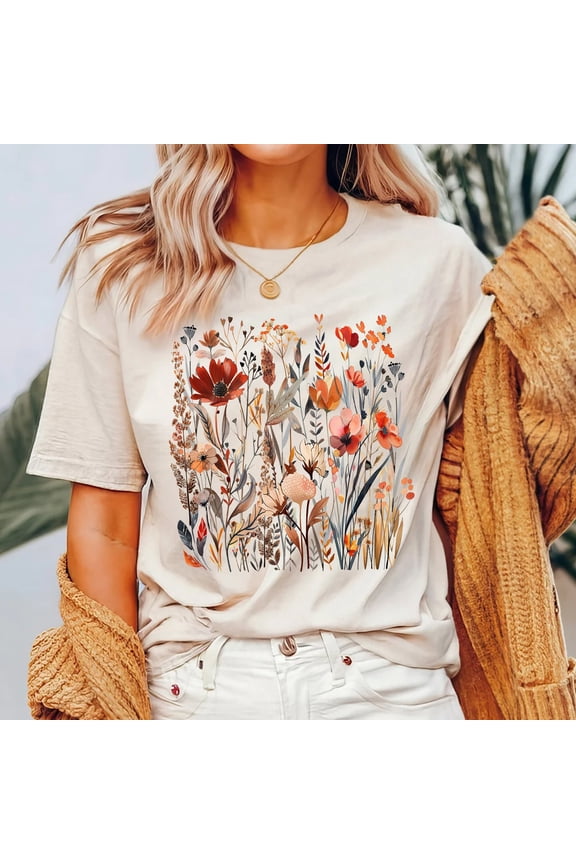 Autumn Wildflower T-Shirt Botanical Cottagecore Fall Floral Graphic Tee, Full Size S-5XL