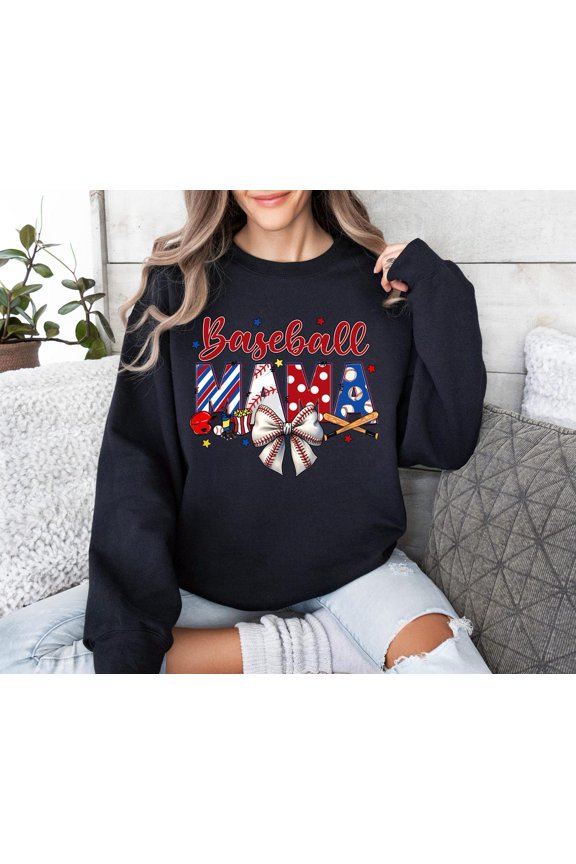 Baseball Bow Mama Sweatshirt Retro Sports Game Day Cozy Outfit, Full size S-5XL