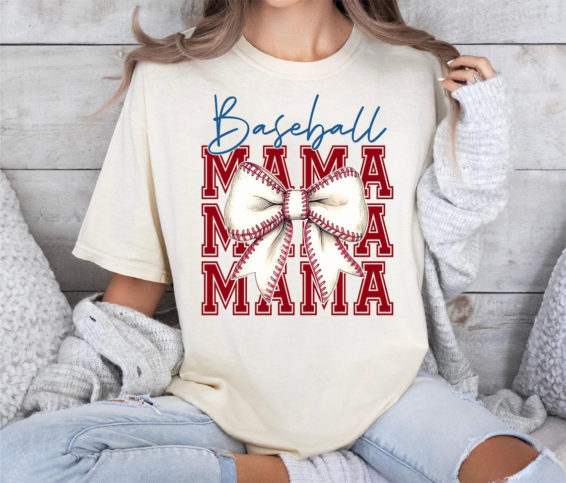 Tee Clo Baseball Mama Bow T-Shirt Coquette Baseball T-Shirt Game Day Sports Mom Celebration Tee, Full Size S-5XL