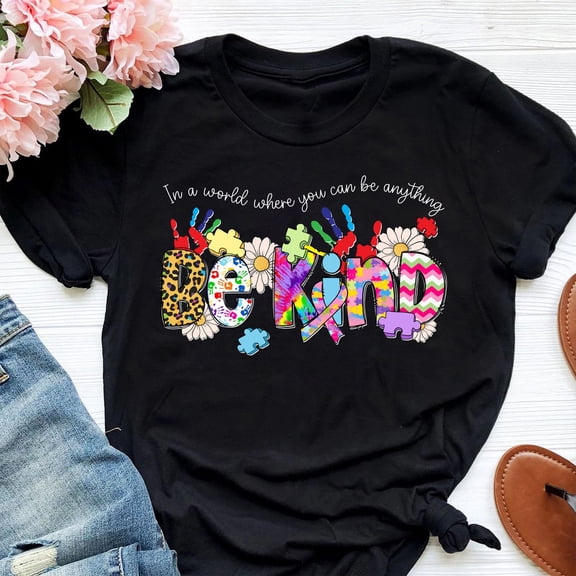 Tee Clo Be Kind Autism Awareness T-Shirt Colorful Puzzle Piece Support Tee, Full Size S-5XL