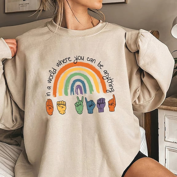 Tee Clo Be Kind Sign Language Sweatshirt ASL Rainbow Graphic Design, Full size S-5XL