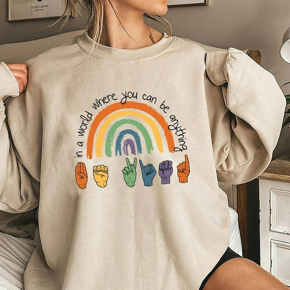 Tee Clo Be Kind Sign Language Sweatshirt ASL Rainbow Graphic Design, Full size S-5XL