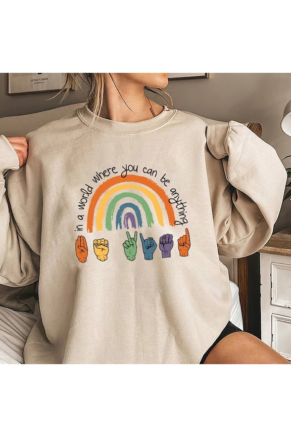Be Kind Sign Language Sweatshirt ASL Rainbow Graphic Design, Full size S-5XL