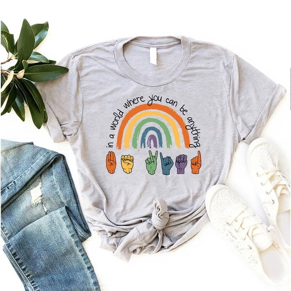 Tee Clo Be Kind Sign Language T-Shirt ASL Rainbow Positive Awareness Graphic Tee, Full Size S-5XL