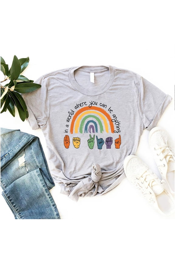 Be Kind Sign Language T-Shirt ASL Rainbow Positive Awareness Graphic Tee, Full Size S-5XL