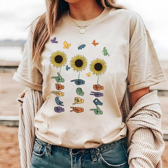 Tee Clo Be Kind Sunflower ASL T-Shirt Sign Language Special Education Awareness Tee, Full Size S-5XL