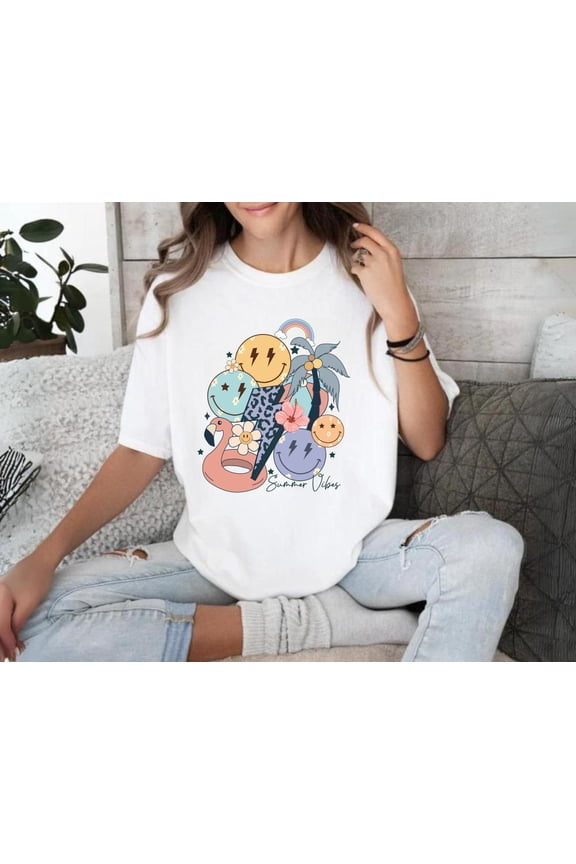 Beach Smiley Face Shirt, Summer Vibes Tee All Size S-5XL, Full Size S-5XL