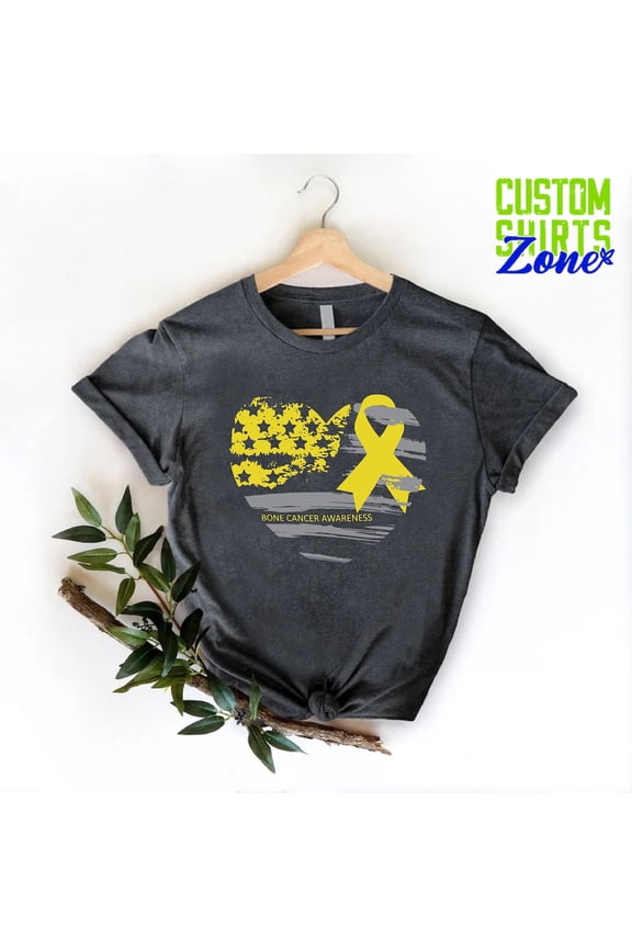 Bone Cancer Awareness T-Shirt Yellow Ribbon Sarcoma Fighter Family Support Tee, Full Size S-5XL