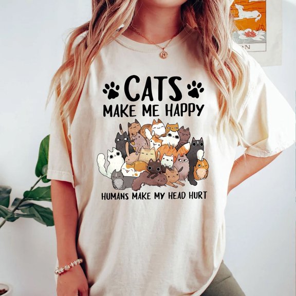 Tee Clo Cat Lover T-Shirt Cats Make Me Happy Pet Owner Gift Tee, Full Size S-5XL