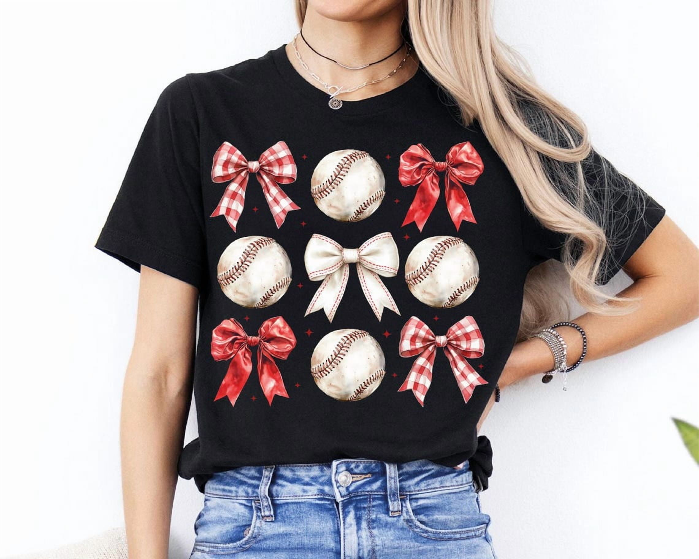 Tee Clo Coquette Baseball T-Shirt Baseball Bow Design T-Shirt Sport Mom Style Tee, Full Size S-5XL