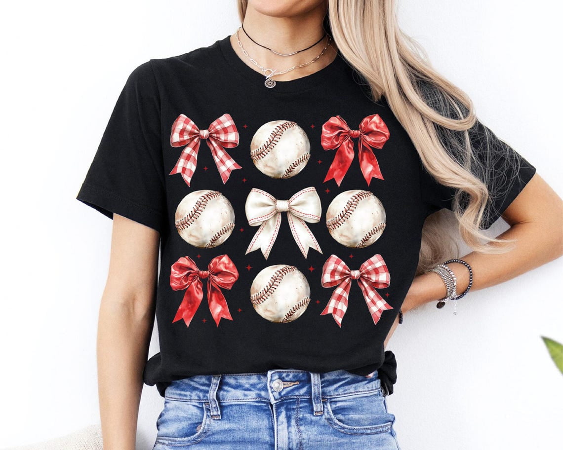 Tee Clo Coquette Baseball T-Shirt Baseball Bow Design T-Shirt Sport Mom Style Tee, Full Size S-5XL