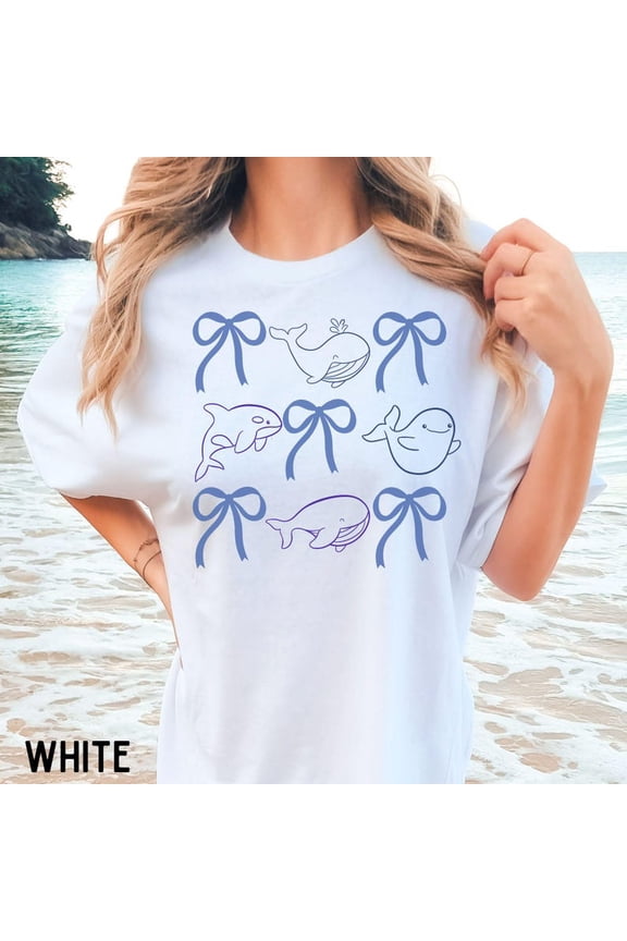Coquette Summer Vibes T-Shirt, Cute Whale Top, Retro Summer Clothing, Hand Drawn Vacation Tee, Beachy Shirt, Coastal Apparel All Size S-5XL, Full Size S-5XL