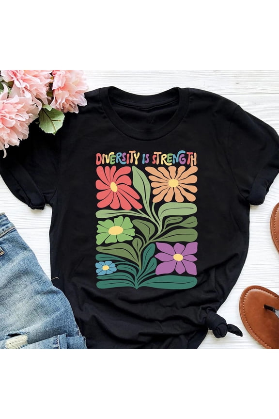 Diversity Is Strength T-Shirt Retro Flower Equality Social Justice Tee, Full Size S-5XL