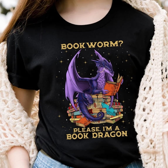 Tee Clo Dragon Bookworm T-Shirt Reading Fantasy Lover Literature Graphic Tee, Full Size S-5XL