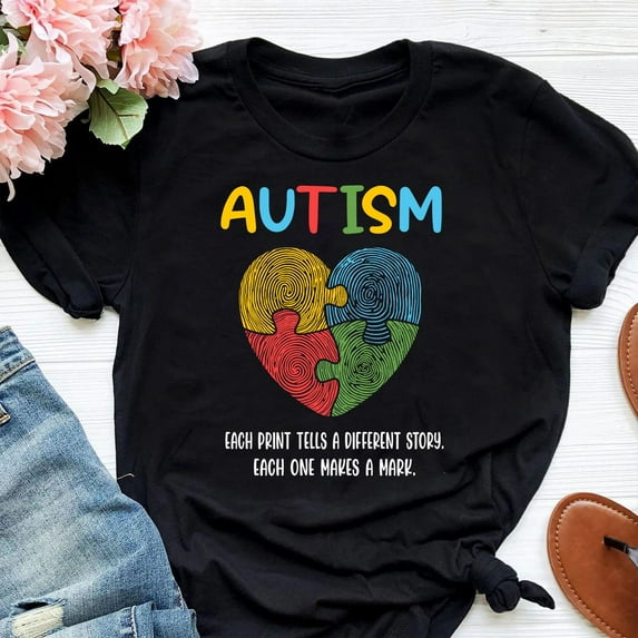 Tee Clo Fingerprint Heart Autism Awareness T-Shirt Blue Ribbon Support Tee, Full Size S-5XL