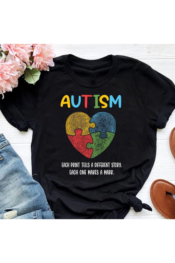 Fingerprint Heart Autism Awareness T-Shirt Blue Ribbon Support Tee, Full Size S-5XL