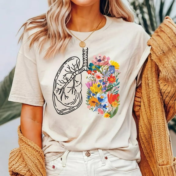 Tee Clo Floral Lungs T-Shirt Anatomical Wildflower Therapist Nature Lover Gift Tee, Full Size S-5XL