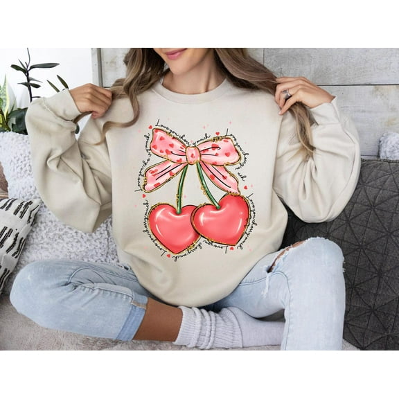 Tee Clo Love You Cherry Much Sweatshirt Valentine Coquette Bow Pink Retro Cozy Outfit, Full size S-5XL