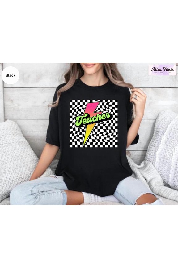 Neon Teacher Shirt, Retro Checkered Lightning Bolt Tee All Size S-5XL, Full Size S-5XL