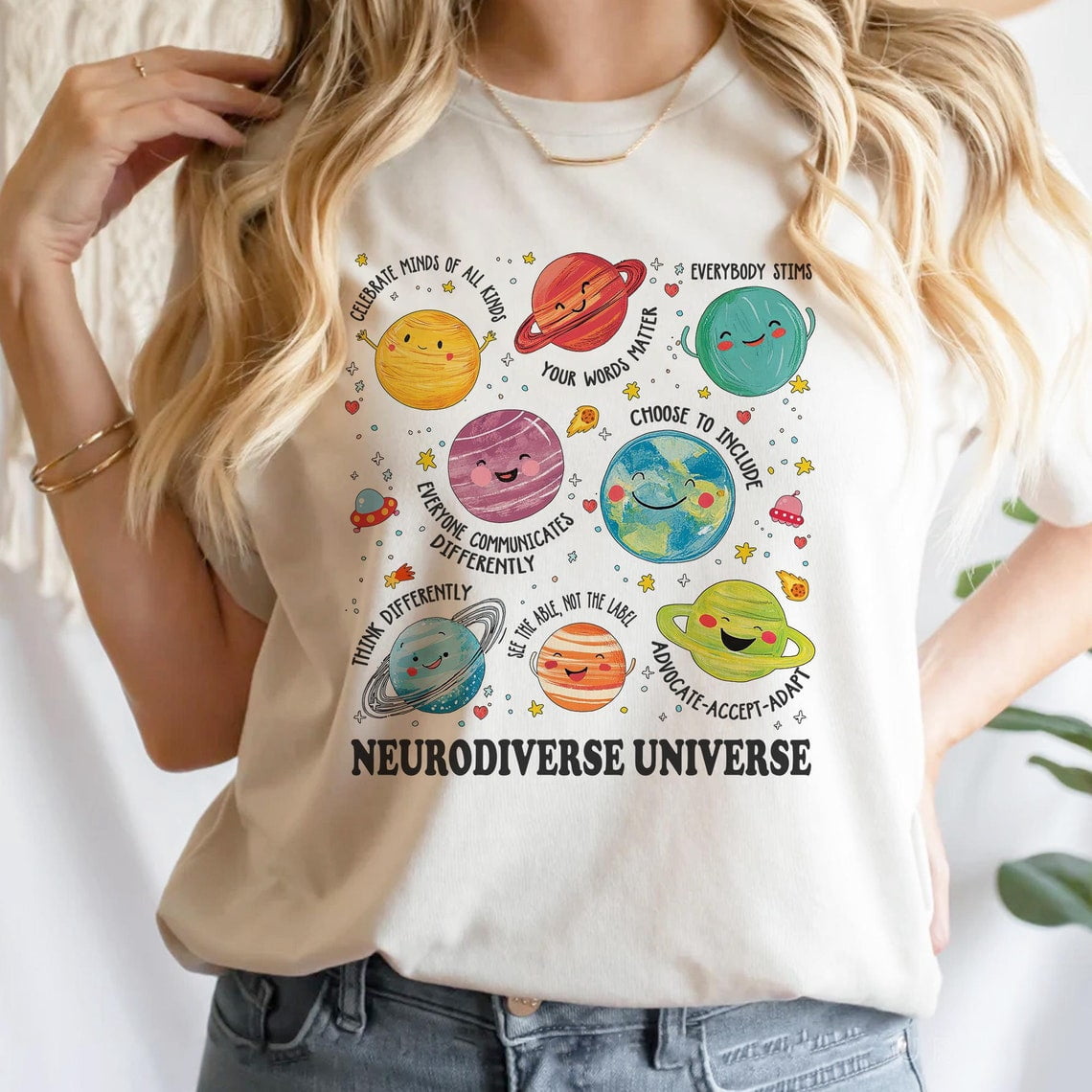 Tee Clo Neurodiverse Universe T-Shirt Autism Awareness Space Theme Graphic Tee, Full Size S-5XL