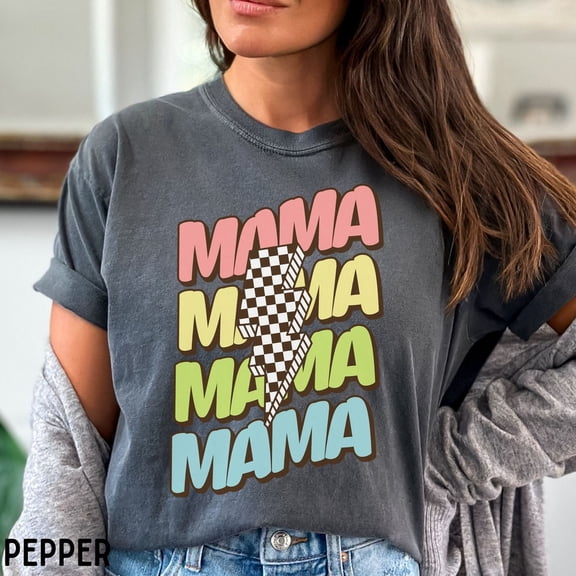 Tee Clo Retro Mama Lightning Bolt Shirt, Trendy Oversized Clothing, Mother'S Day Shirt, Mother'S Day Gifts, Checkered Mom Tee, Cute Mom T-Shirt All Size S-5XL, Full Size S-5XL