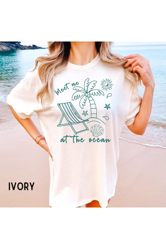 Retro Summer Vibes T-Shirt, Cute Trendy Summer Doodles Clothing, Beach Vacation Tee, Beachy Shirt, Meet Me At The Ocean Top All Size S-5XL, Full Size S-5XL
