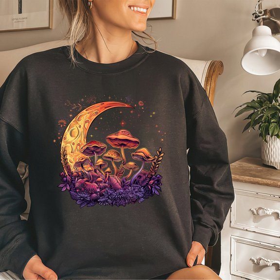 Tee Clo Vintage Mushroom Sweatshirt with Forest Moon Hippie Style, Full size S-5XL