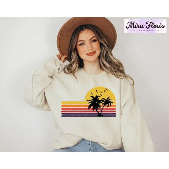 Tee Clo Vintage Sunset Palm Tree Sweatshirt - Tropical Island Outfit All Size S-5XL, Full size S-5XL