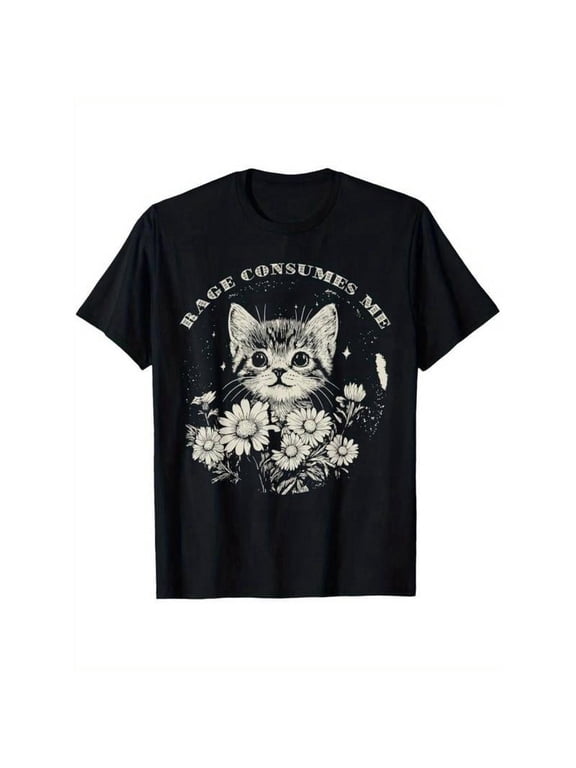Tee [Funny Cat T-Shirt] Soft Cotton Funny Cat Graphic T-Shirt - 'Rage Consumes Me' Sarcastic Kitten & Flower Design