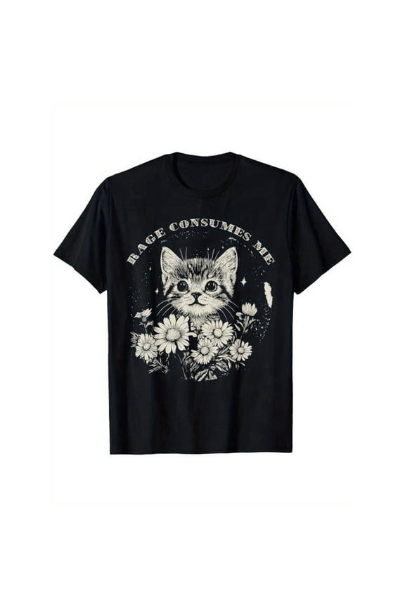 Tee [Funny Cat T-Shirt] Soft Cotton Funny Cat Graphic T-Shirt - 'Rage Consumes Me' Sarcastic Kitten & Flower Design