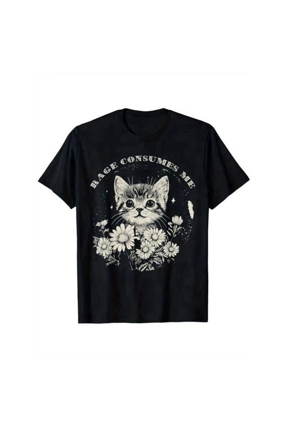 Tee [Funny Cat T-Shirt] Soft Cotton Funny Cat Graphic T-Shirt - 'Rage Consumes Me' Sarcastic Kitten & Flower Design