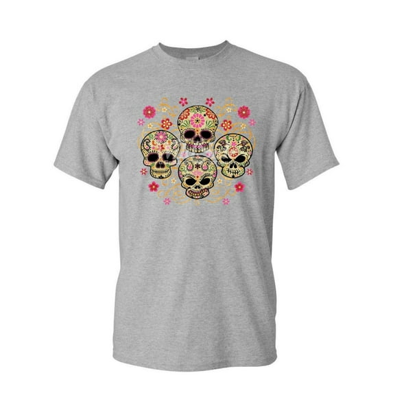Tee Hunt 4 Cute Sugar Skulls T-Shirt Calaveras Dia de Los Muertos Mexico Mens Shirt, Gray, 5X-Large