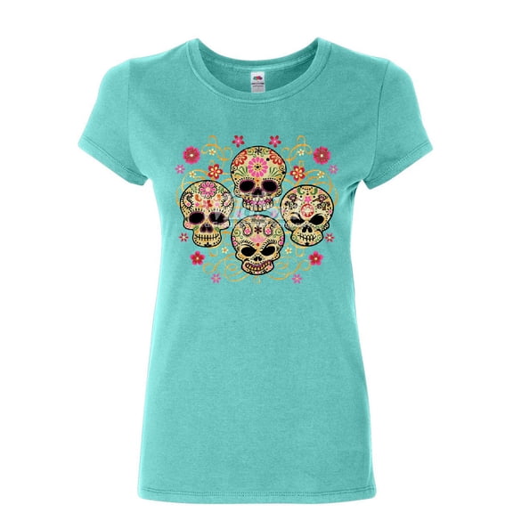 Tee Hunt 4 Cute Sugar Skulls Women's T-Shirt Calaveras Dia de los Muertos Mexico Shirt, Light Blue, Medium