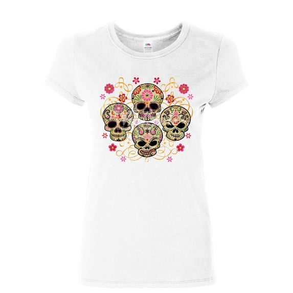 Tee Hunt 4 Cute Sugar Skulls Women's T-Shirt Calaveras Dia de los Muertos Mexico Shirt, White, X-Large