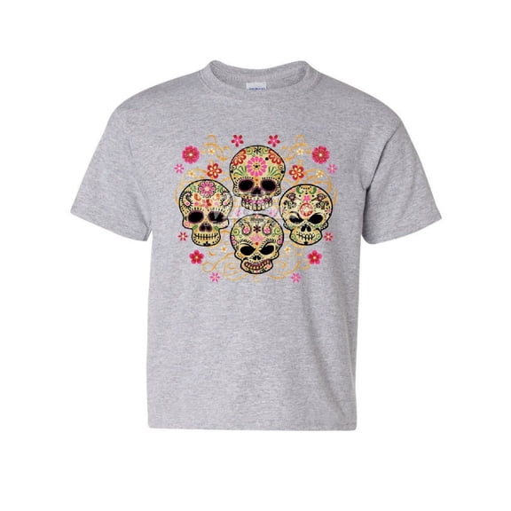 Tee Hunt 4 Cute Sugar Skulls Youth T-Shirt Calaveras Dia de Los Muertos Mexico Kids Tee, Gray, Large