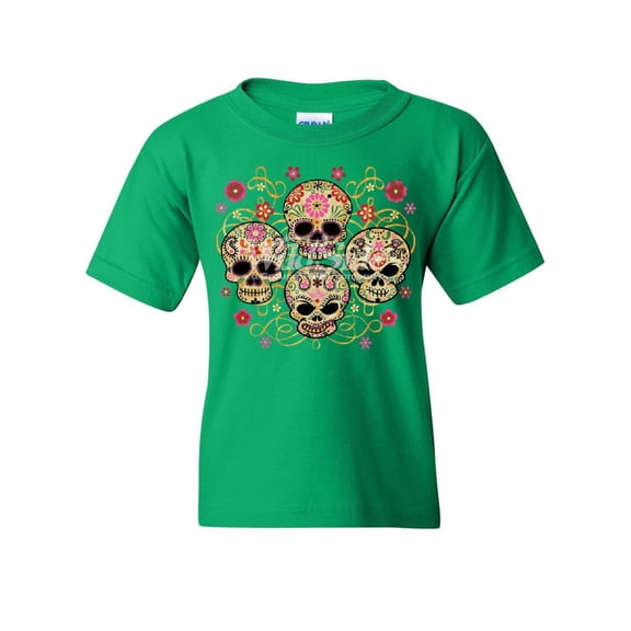 Tee Hunt 4 Cute Sugar Skulls Youth T-Shirt Calaveras Dia de Los Muertos Mexico Kids Tee, Green, X-Large