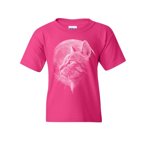 Tee Hunt A Cat at Night Youth T-Shirt Space Cat Lovers Moon Kitty Meow Purr Kids Tee, Pink, X-Large