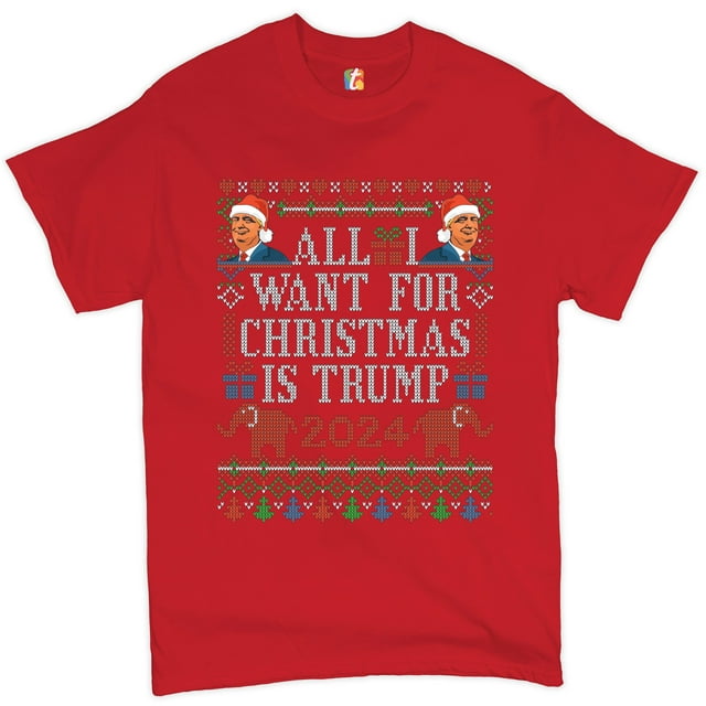 Tee Hunt All I Want for Christmas Is Trump 2024 T-shirt Ugly Sweatshirt Men's Tee, Red, 5X-Large