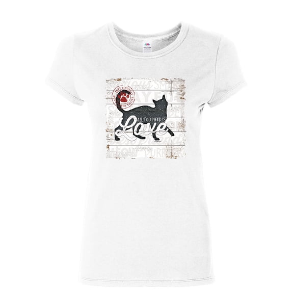 Tee Hunt All You Need is Love Women's T-Shirt Cat Lovers Meow Best Friend Kitty Shirt, White, X-Large