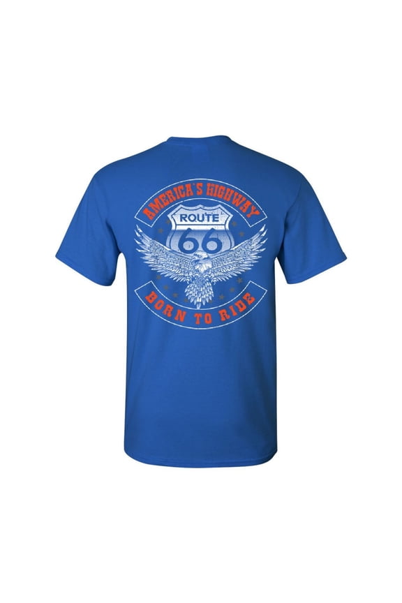 America's Highway T-Shirt Born to Ride Route 66 Biker MC Chopper, Blue, Medium