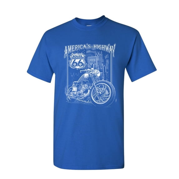 Tee Hunt America's Highway T-Shirt Route 66 MC Motorcycle Chopper Bobber Mens Shirt, Blue, X-Large