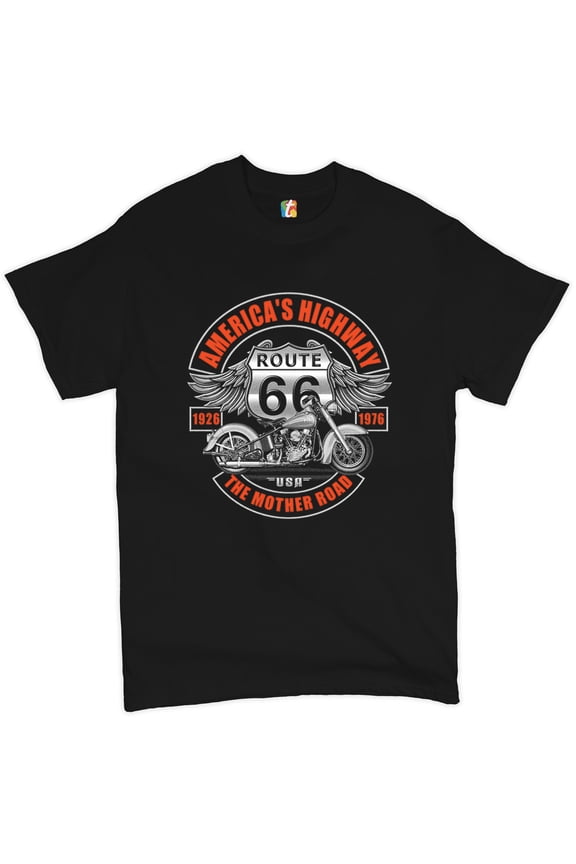 America's Highway The Mother Road T-shirt Route 66 Biker Motorcycle Men's Tee, Black, Large